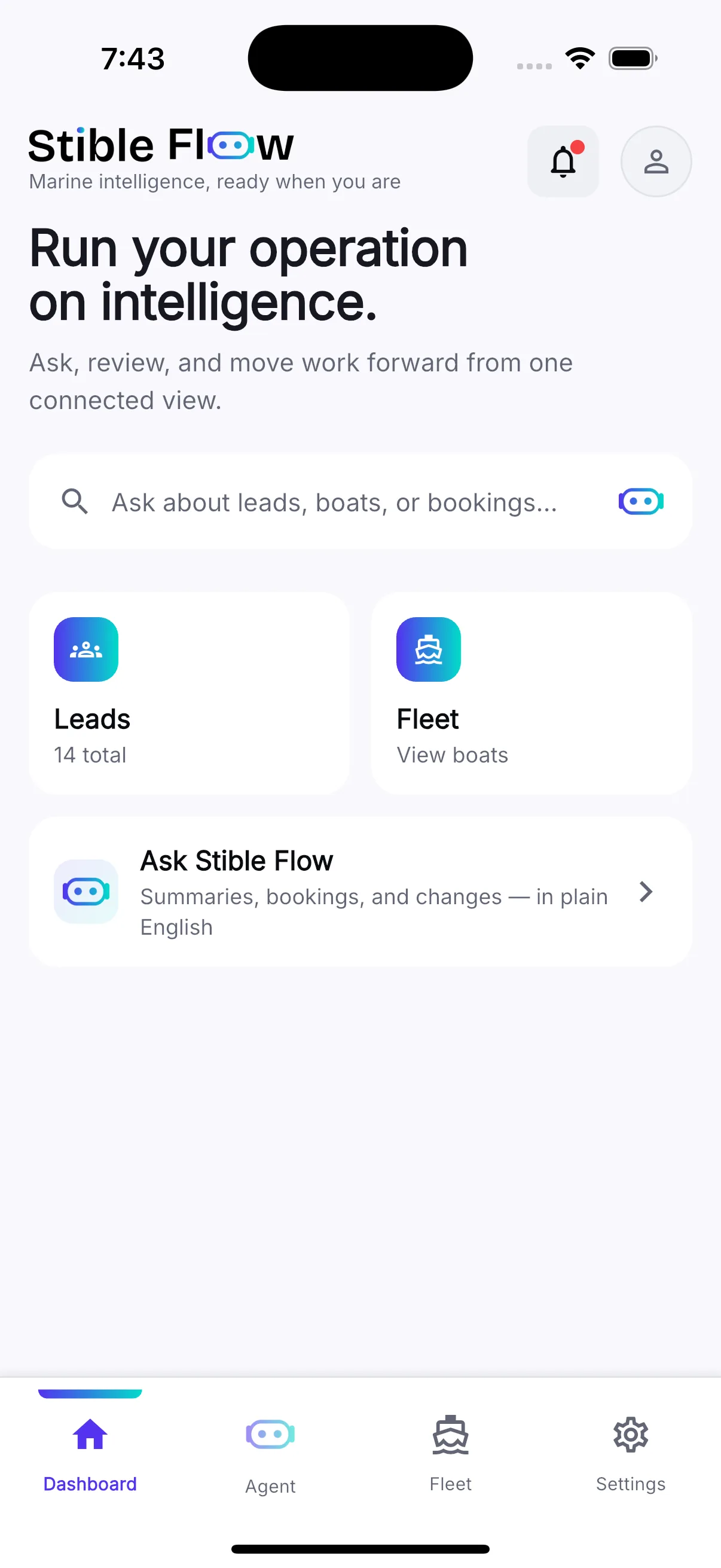 The Stible Flow dashboard: 14 open leads, the fleet view, and an ask-anything assistant bar