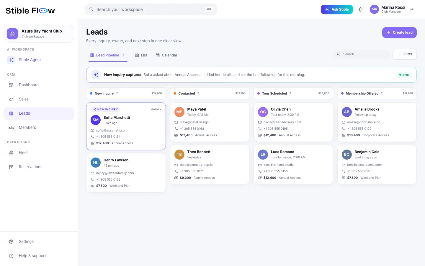 Stible Flow CRM showing a new inquiry with its source, owner, and next step