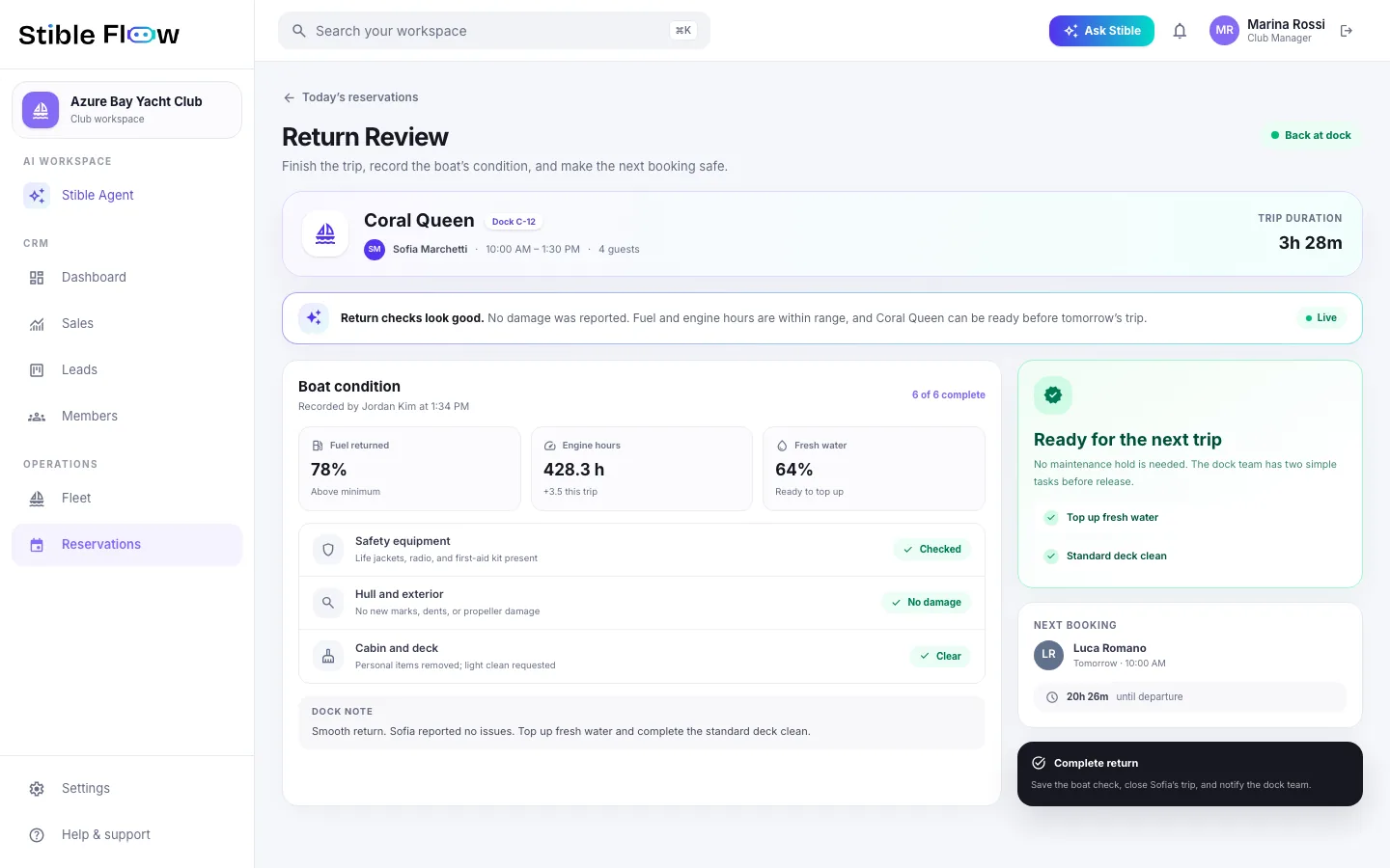 Stible Flow CRM return review showing fuel, engine hours, checks, and boat status